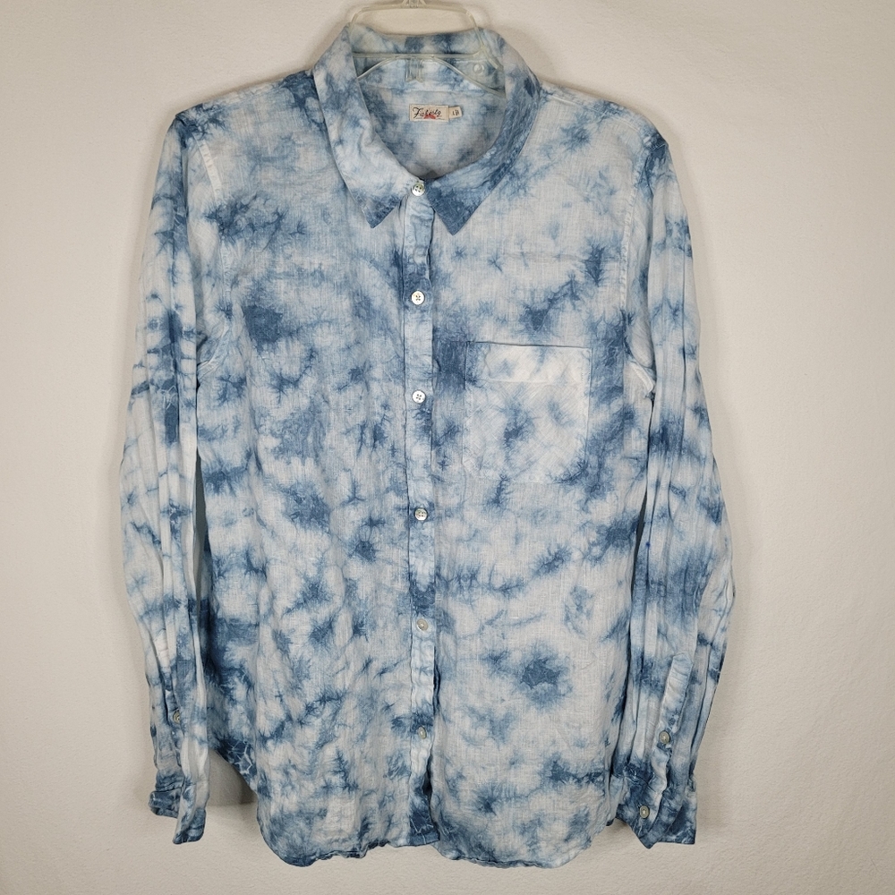 Faherty Blue and White Tie-Dye Linen Button-Down Shirt